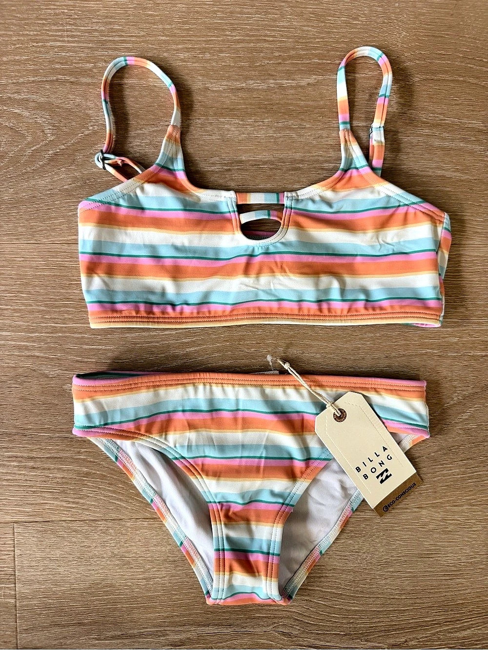 Billabong Sunset Surf Trilet Set Striped Bikini Set in Pink & Blue Size 10 NWT